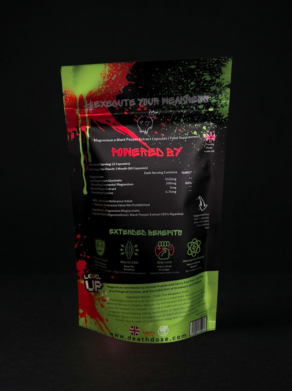 RESPAWN pouch, back: nutrition information (300 mg magnesium per 2 capsules, 80% NRV), ingredients and suggested use
