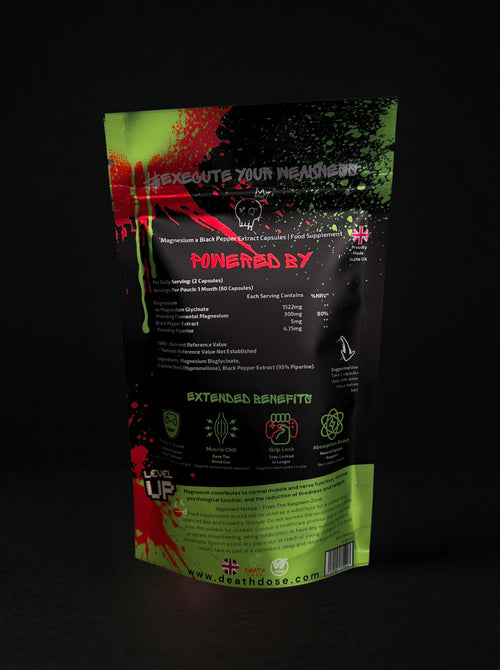 RESPAWN pouch, back: nutrition information (300 mg magnesium per 2 capsules, 80% NRV), ingredients and suggested use