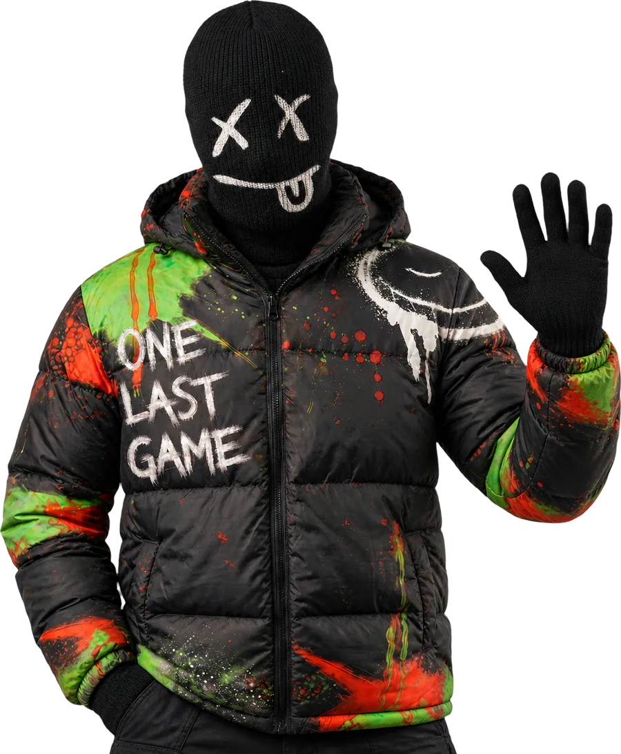 Baby, masked squad member in a paint-splattered black puffer, waving