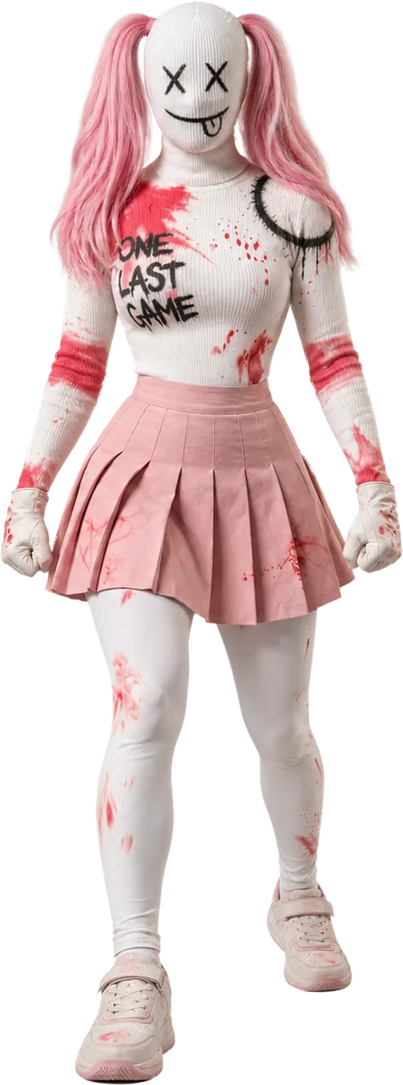 Lola, masked squad member with pink pigtails and a pink skirt, fists clenched and one foot forward