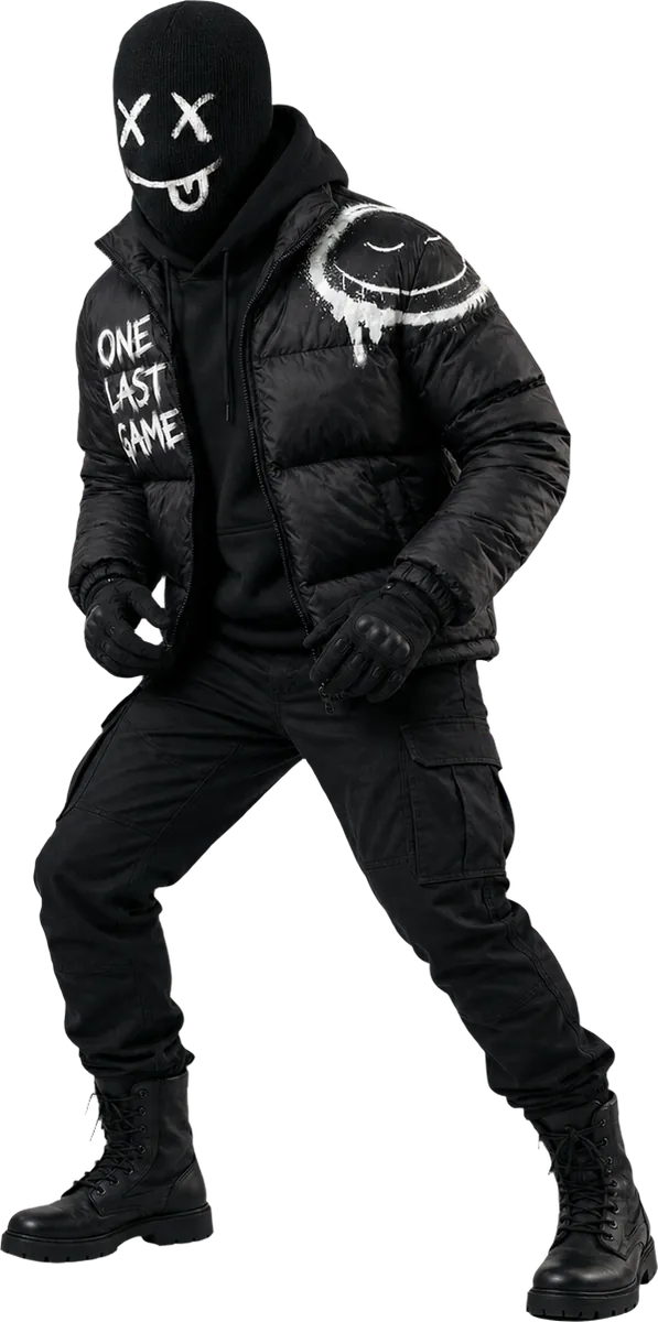 Shadow, masked squad member in an all-black puffer, knees bent and ready for action
