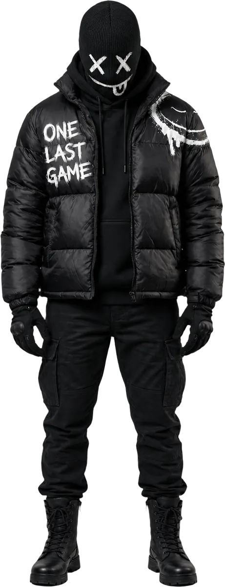 Shadow, masked squad member in an all-black puffer, head lowered and shoulders dropped, tired