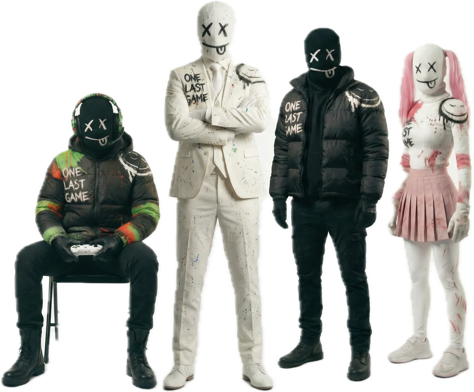 The Death Dose squad: Baby seated with a controller, Gizmo in a white suit with arms crossed, Shadow in a black puffer and Lola with pink pigtails